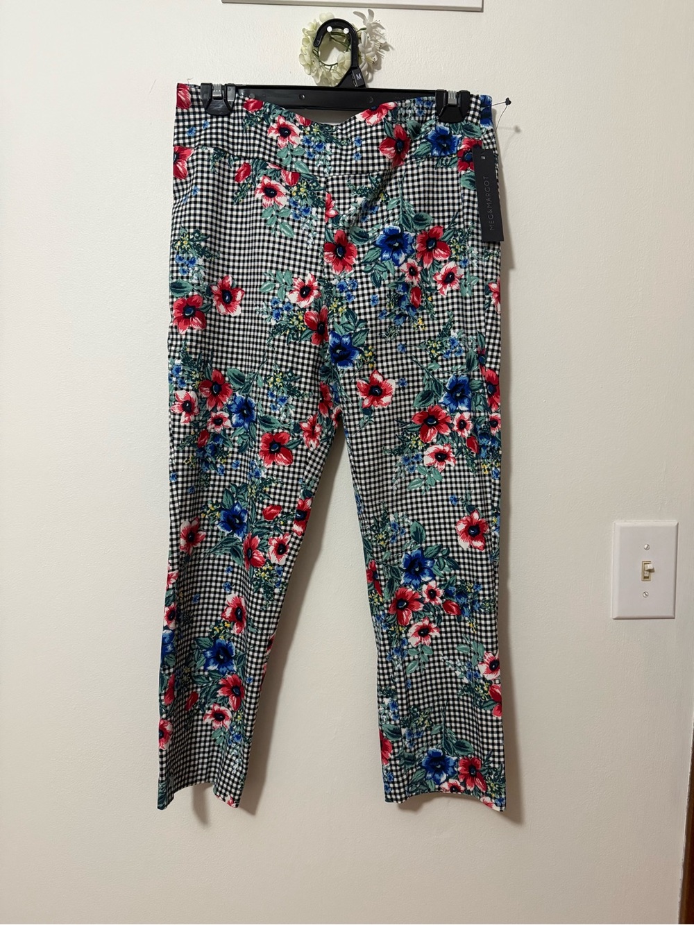margot Black & White Gingham Leggings with Red and Blue Floral Print